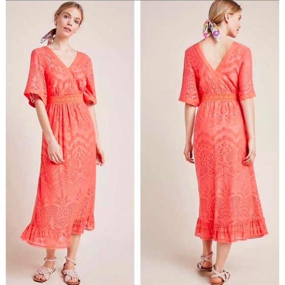 Farm Rio for Anthropologie Dresses & Skirts - Farm Rio Anthropologie‎ Maxi Dress Womens L Coral Lace Boho Tropical Whimsigoth